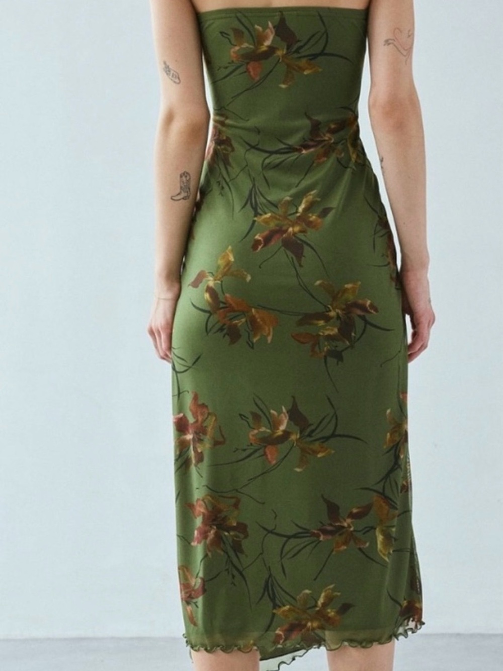 Urban Outfitters Olive Green Floral Strapless Midi Dress - Picture 2 of 3